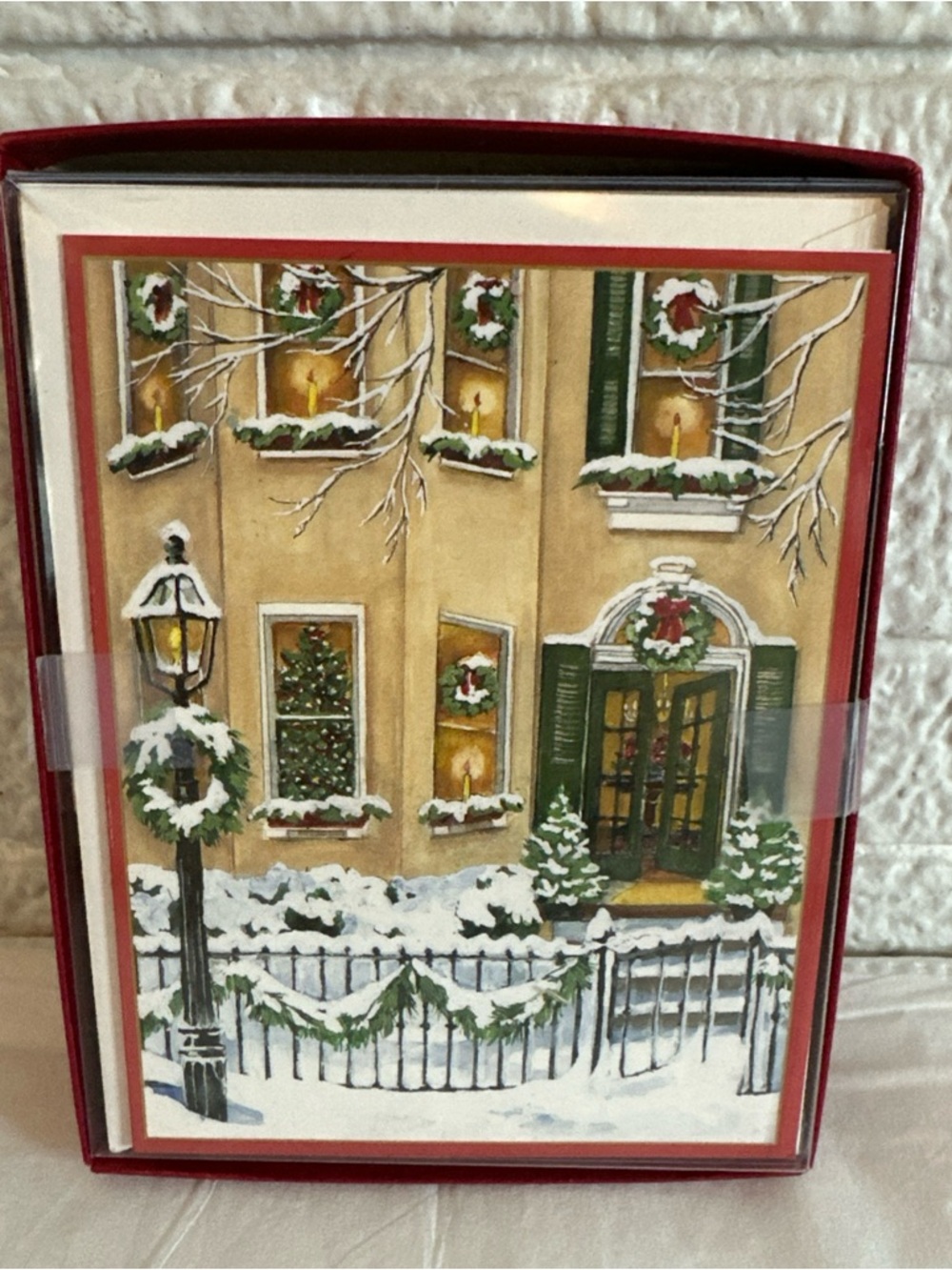 CASPARI Festive Snowy Town Holiday Cards in Green and Red BOX OF 16
